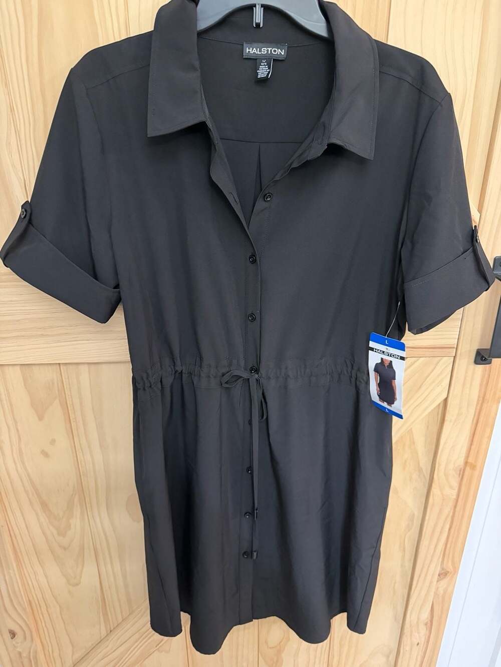 Halston Women's Black Short Sleeve Button-Down Shirt Dress with Drawstring Waist
